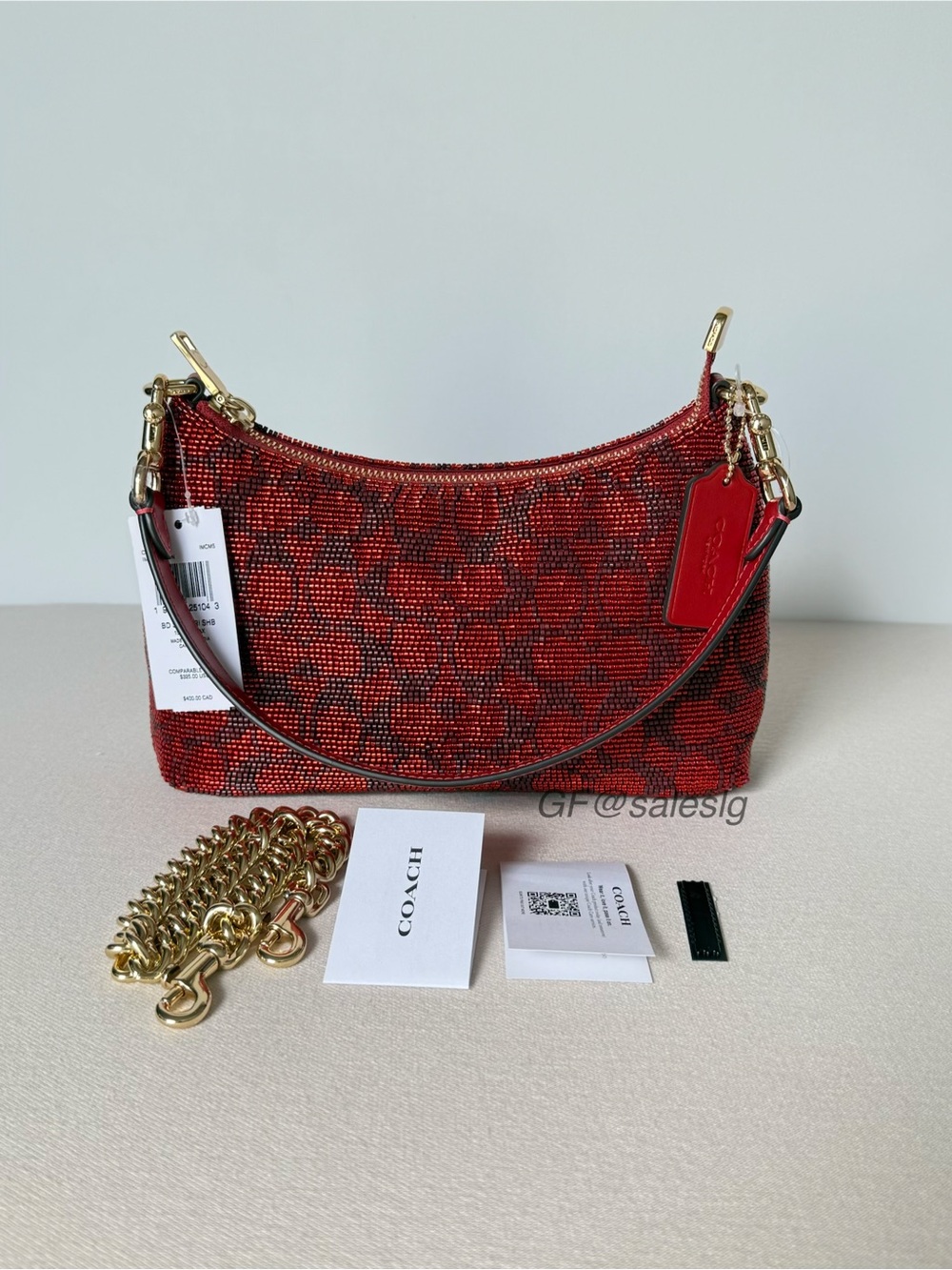 NWT Coach Teri Shoulder Bag With Chain
Signature Beaded Satin Crimson Red CET14 - Picture 12 of 15
